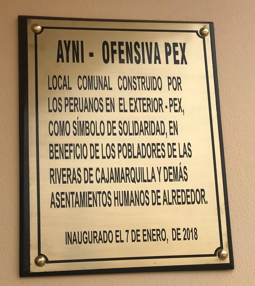 Placa Ayni Ofensiva PEX, local comunal construido por peruanos en el exterior (2018)